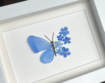 RESERVED | A Flutter of Blue | Framed Sea Glass Butterfly Art | Handmade Coastal Wall Decor | 5x7 or 8x10