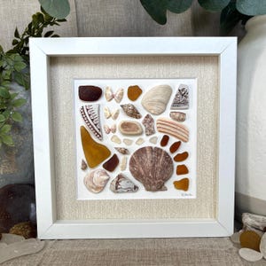 May include: A white framed square art piece with a beige background. The art piece is a mosaic of various seashells and sea glass in shades of brown, beige, and white. The piece is signed "K.Clark" in the bottom right corner.