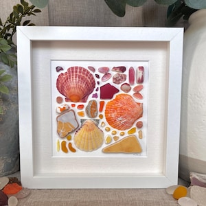 Hibiscus Harmony ~ Framed Sea Glass Art ~ Genuine Sea Glass, Sea Pottery, Seashell Collage