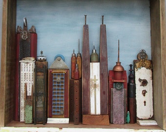 Blue Sky Cityscape Primitive Reclaimed  Vintage Wood and Metal. 24"