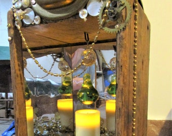 Repurposed Antique Wood Box to  Mirrored Candle Box