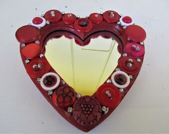 Red Vintage Buttons and Jewelry Framed Heart  Mirror