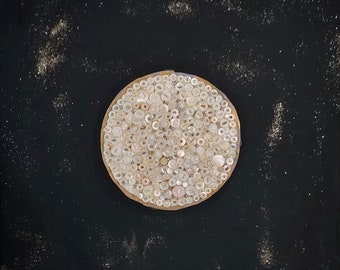 Reclaimed Vintage Shell button MOON with Glass Stars,Celestial Wall Art