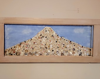 Klimt Style Snowy Mountain of Shell Buttons and Beads,Rhinestones in Reclaimed Frame