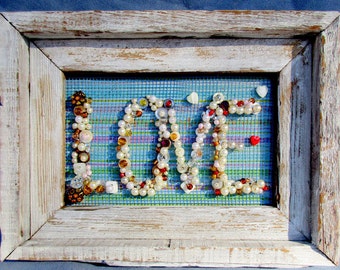 Vintage Barn wood Frame, LOVE in Pearls and Beads