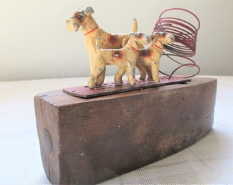 Reprised Antique Metal Dog Family on Old Wood Plane Base