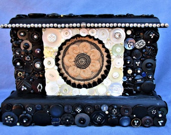 Reprised Clock Box, Buttons, Beads, Findings with Embroidered Center