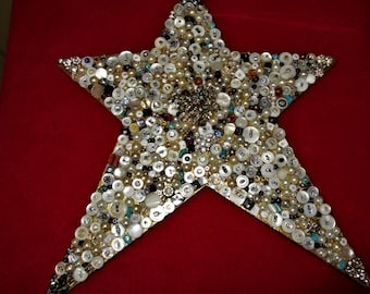 Decorated Wood Star  13" Shell Buttons & Beads and Pearls