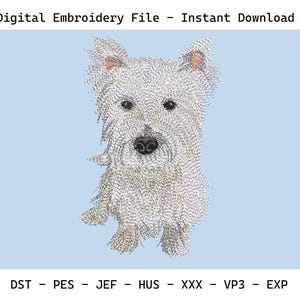 Puede incluir: Archivo de bordado digital con un diseño de perro West Highland White Terrier. El perro es blanco con ojos y nariz negros, sobre un fondo azul claro. El texto "Digital Embroidery File - Instant Download" está en la parte superior.