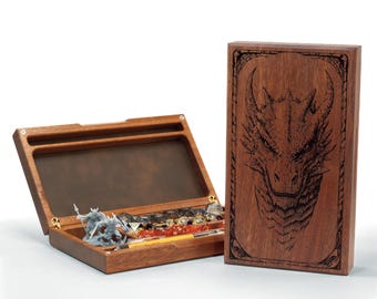 Engraved Dragon Solid Hardwood Dice Box and Vault With Phone and Tablet Holder