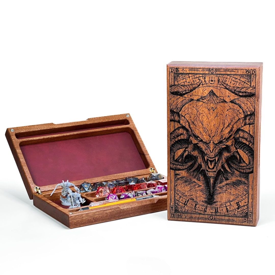 Infernum Engraved Sapele Wooden Dice Box | D&D Dice Tray, Miniature ...