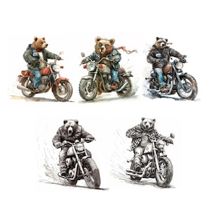 Ensemble de cliparts moto ours - 5 illustrations PNG uniques de haute qualité, cliparts pour impression, téléchargement numérique, haute résolution