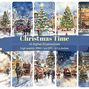16 Weihnachtszeit digitale Aquarell Illustrationen, 300 dpi, Sofort Download