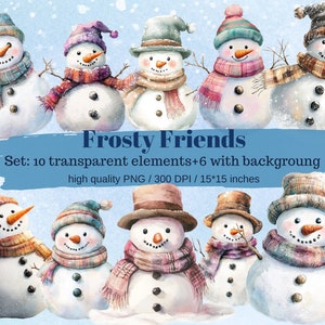 Frosry Friends: 10 Aquarell Schneemann Clipart PNGs, 15x15 Zoll transparente Hintergründe + 6 Schneemann Hintergründe, Sofort Download