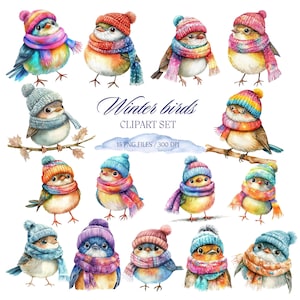 Ensemble de cliparts oiseaux d'hiver - mignons oiseaux aquarelles avec écharpes et chapeaux - fichiers PNG avec fond transparent