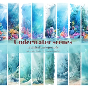 Könnte beinhalten: 16 digitale Aquarellhintergründe von Unterwasserszenen mit Korallenriffen, Algen und Blasen. Jeder Hintergrund ist 15x15 Zoll groß und hat 300 DPI.