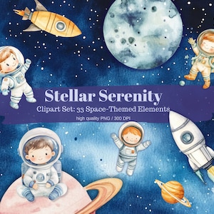 Stellar Serenity: 33 pliki clipartów akwarelowych o tematyce kosmicznej, PNG i tła, natychmiastowe pobieranie