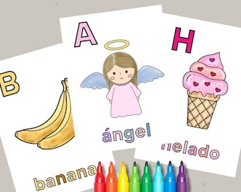 May include: Four flashcards with letters B, A, and H, each with a corresponding image and word. The images are a banana, an angel, and an ice cream cone. The words are "banana", "ángel", and "helado".