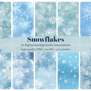 Papier numérique 16 flocons de neige - motifs sans couture, fond de cartes, texture pour un usage commercial de scrapbooking, 300 ppp, téléchargement immédiat