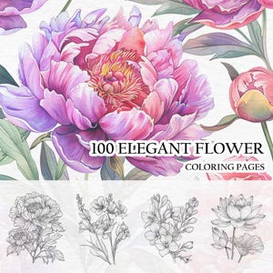100 Elegant Flower Coloring Pages - Adults And Kids Coloring Book, Greyscale, Digital Coloring Sheets, Instant Download, Printable PDF File.