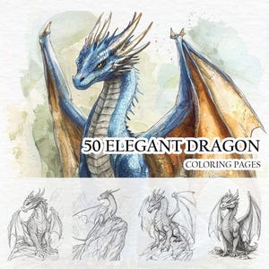 50 Elegant Dragon Coloring Pages - Adults And Kids Coloring Book, Greyscale Coloring page, Instant Download, Printable PDF File.