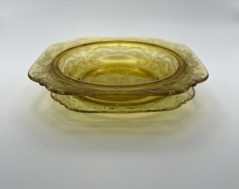 Vintage Amber Federal Glass Madrid 7" Talerz sałatkowy i miska do zupy Zestaw Depresja Era 1930s Żółty