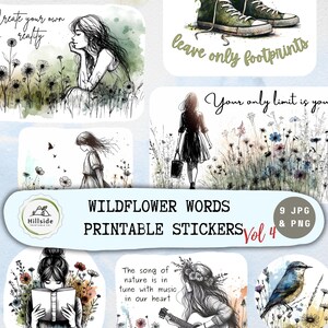 Positive Worte Blumen Aufkleber, Wildblumen Clipart, Inspirierende Zitate, Gitarre, Turnschuhe, Briefe, verträumte Mädchen, druckbare Tagebuchbilder