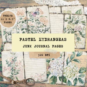 Pagine di diario stampabili, ortensie pastello, articoli per il diario, fogli per collage, effimeri, carta digitale, album di ritagli, motivi floreali