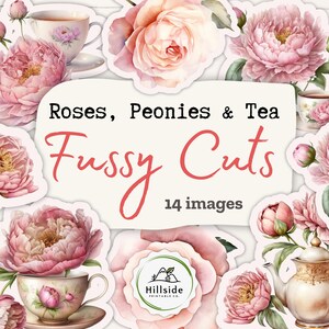 Fussy Cuts, Roses Peonies and Tea, Pink and blush floral stickers, Junk Journal Papers, Printable Ephemera Paper Craft, Collage 11 x 8.5