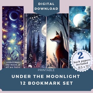 Wydrukowane zakładki do książek z motywem lasu Moonlight, zestaw 12 sztuk, do użytku komercyjnego, sztuka fantasy, magiczne cytaty z księżyca, akcesoria do czytania, natychmiastowy wydruk