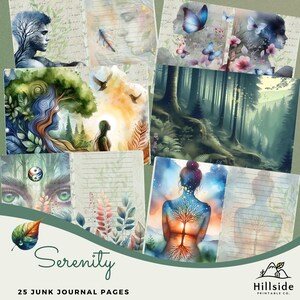 Páginas internas do Serenity Junk Journal, páginas duplas e inteiras, download instantâneo, 25 páginas de beleza e conexão naturais e humanas serenas e calmas