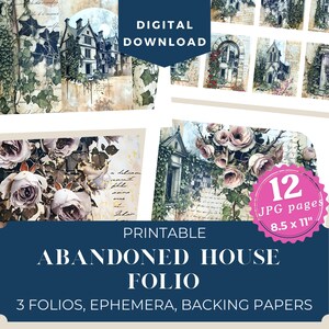 Kit de diario de basura de casa abandonada, 12 páginas digitales combinables y bolsillos, efímera de mansión encantada, descarga instantánea, 28 x 21,6 cm, JPG