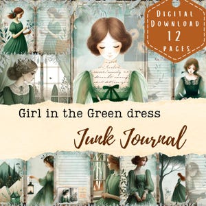 Jeune fille à la robe verte, pages de journal indésirable, scrapbooking, art d'époque, rêverie, images imprimables, illustration fantaisiste, téléchargement JPG