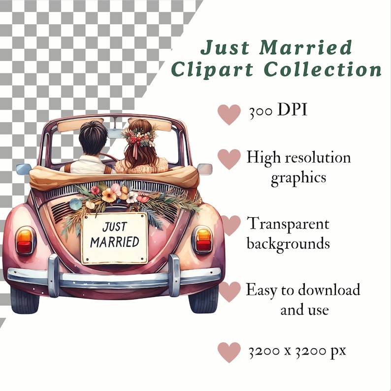 Just Married Clipart Pack, Wedding Couple From Back in a Car, Bride and ...