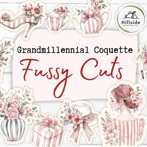 Fussy Cuts, Grandmillennial Coquette, Watercolor Bows, Flowers, Junk Journal Papers, Printable Ephemera Paper Craft, Collage Sheet 11 x 8.5