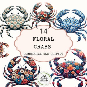 Krab z kwiatowym wzorem na muszli, kwiatowy krab clipart, kraby boho vintage, życie morskie, cyfrowe pobieranie PNG, krab przybrzeżny z pomalowaną muszlą