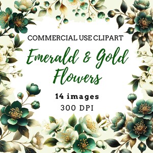 Smaragdgroen en goud bloemen clipartpakket, 14 mintgroene en metallic bloesems, hoge resolutie png, afdrukbare plakboekbenodigdheden, 300 dpi