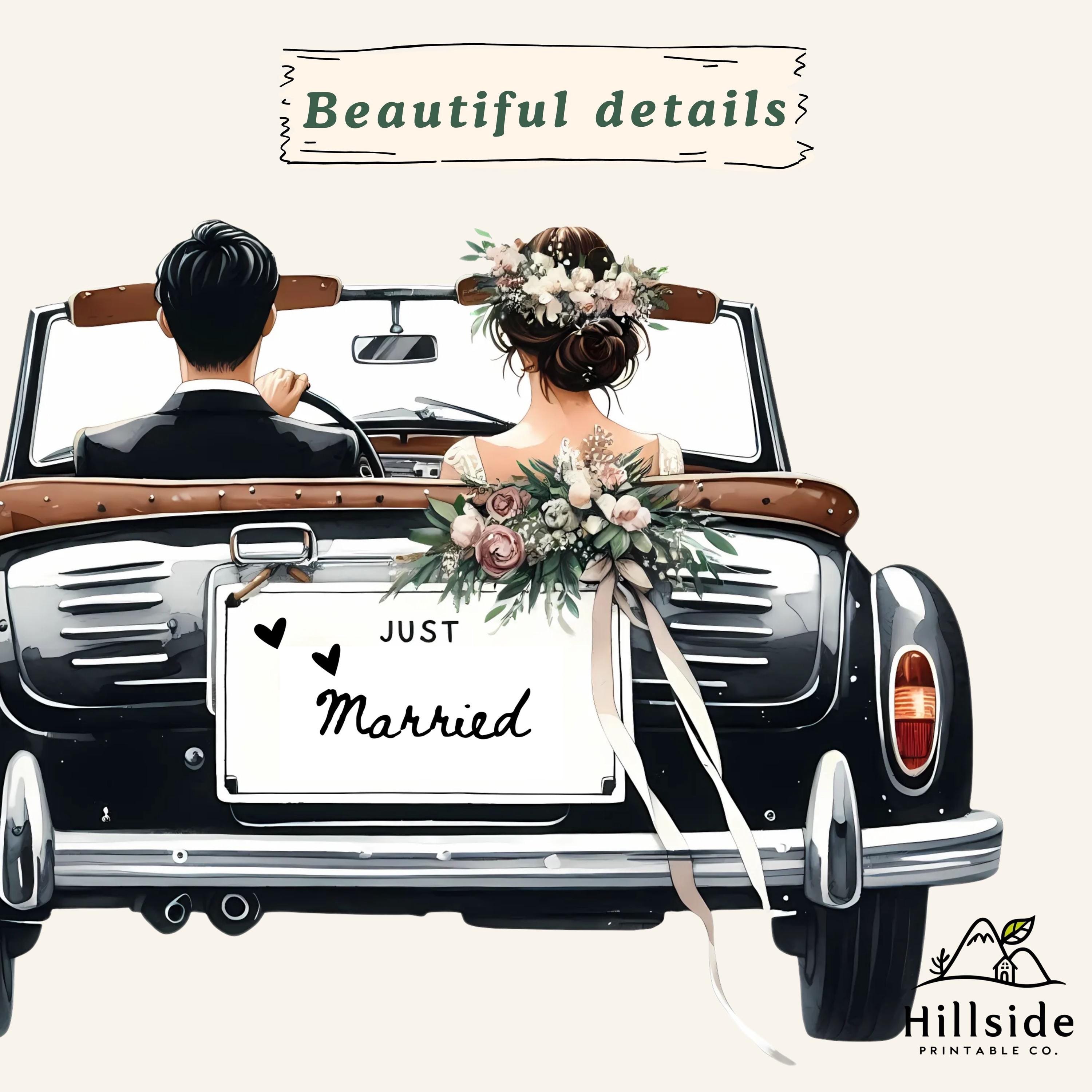 Just Married Clipart Pack, Wedding Couple From Back in a Car, Bride and ...