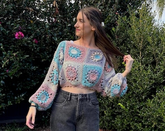 Patron au crochet : pull au crochet tournesol - pull carré grand-mère pour femme