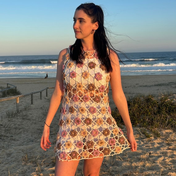 Crochet Pattern: Puff Flower Mesh Crochet Dress- Women’s Summer Beach Lace Cover-Up