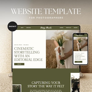 May include: A website template for photographers, displayed on a laptop and smartphone. The website design features a clean, modern layout with a green and white color scheme. Text includes "Cinematic Storytelling with an Editorial Edge."
