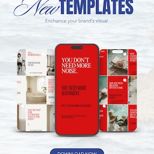May include: A promotional image featuring a smartphone with a red screen displaying text: "YOU DON'T NEED MORE NOISE. YOU NEED MORE ALIGNMENT." The image also showcases various social media templates and a "DOWNLOAD NOW" button.