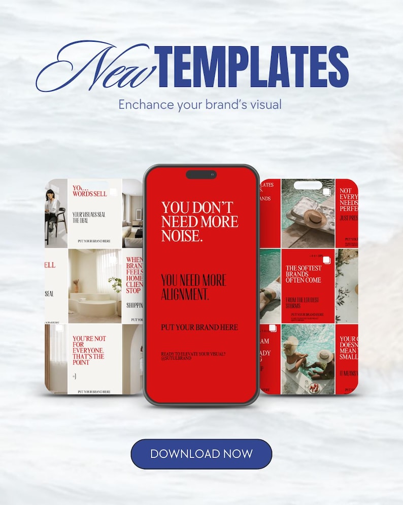May include: A promotional image featuring a smartphone with a red screen displaying text: "YOU DON'T NEED MORE NOISE. YOU NEED MORE ALIGNMENT." The image also showcases various social media templates and a "DOWNLOAD NOW" button.