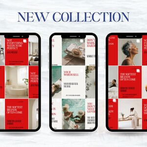 May include: A promotional image featuring three smartphones displaying a new collection. Each phone showcases a red and white design with text and lifestyle imagery. The words "NEW COLLECTION" and "SUTUL BRAND" are also visible.
