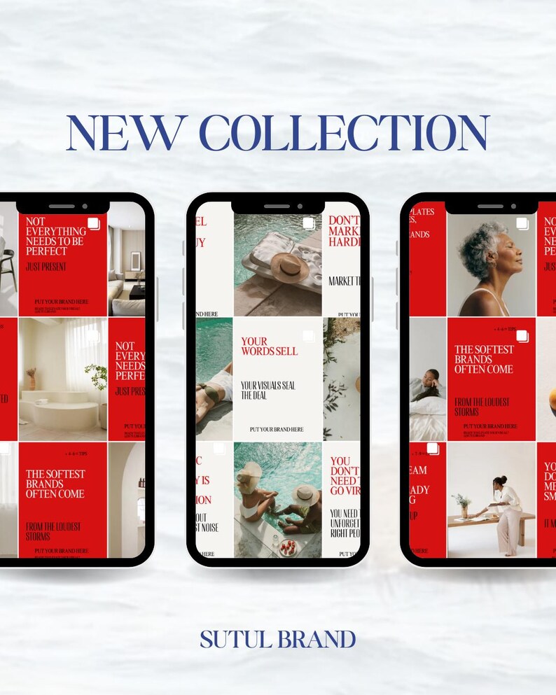 May include: A promotional image featuring three smartphones displaying a new collection. Each phone showcases a red and white design with text and lifestyle imagery. The words "NEW COLLECTION" and "SUTUL BRAND" are also visible.