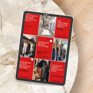 May include: A digital tablet displaying a grid of red squares with white text. The text includes phrases like "Feed Kit Canva Templates" and "Your Dream Clients Are Already Watching." The tablet is on a marble-patterned surface.