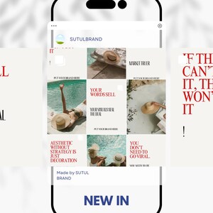May include: A mobile phone screen displays a social media post from SUTULBRAND. The post features a grid of images with text like "Your Words Sell" and "New In." The images showcase hats and lifestyle scenes. The bottom of the screen has "Like" and "Save" buttons.