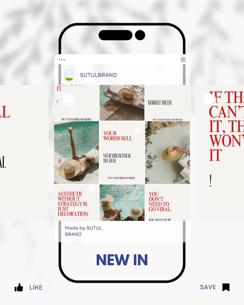 May include: A mobile phone screen displays a social media post from SUTULBRAND. The post features a grid of images with text like "Your Words Sell" and "New In." The images showcase hats and lifestyle scenes. The bottom of the screen has "Like" and "Save" buttons.