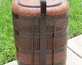 Cesta de boda china asiática vintage de 4 niveles, apilable, de bambú, ratán y caña tejida.