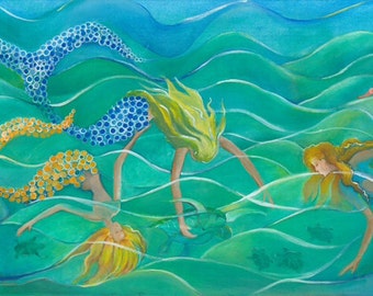 mermaids swimming with turtles at the bottom of the sea 7"H x 17in W Panoramic view